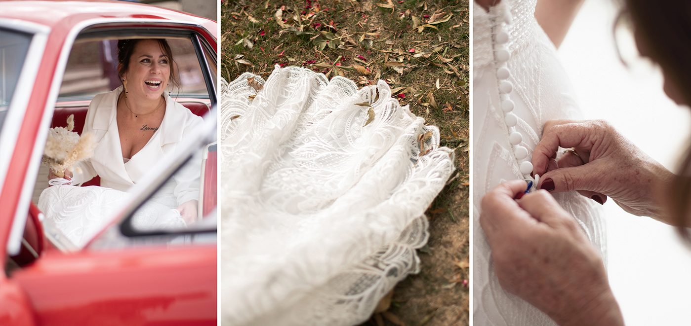 Mariée en robe blanche marchant sur un chemin, entourée de végétation. Photographie de mariage à Nantes